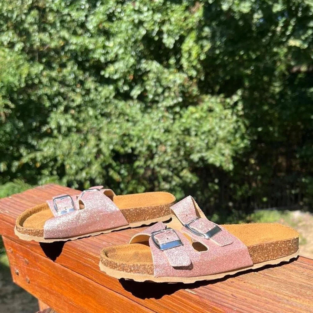 Giulla Palai Youth 1 Pink Glitter Double Strap Cork Bed Slides Sandals